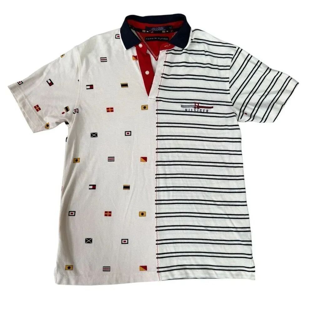 Tommy Hilfiger vintage men’s 100% cotton polo shirt striped nautical flags sz S